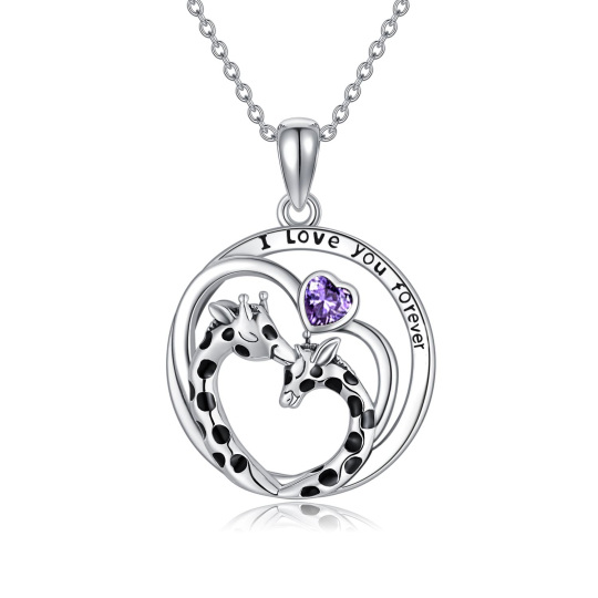 Sterling Silver Heart Purple Cubic Zirconia Giraffe Pendant Necklace with Engraved Word