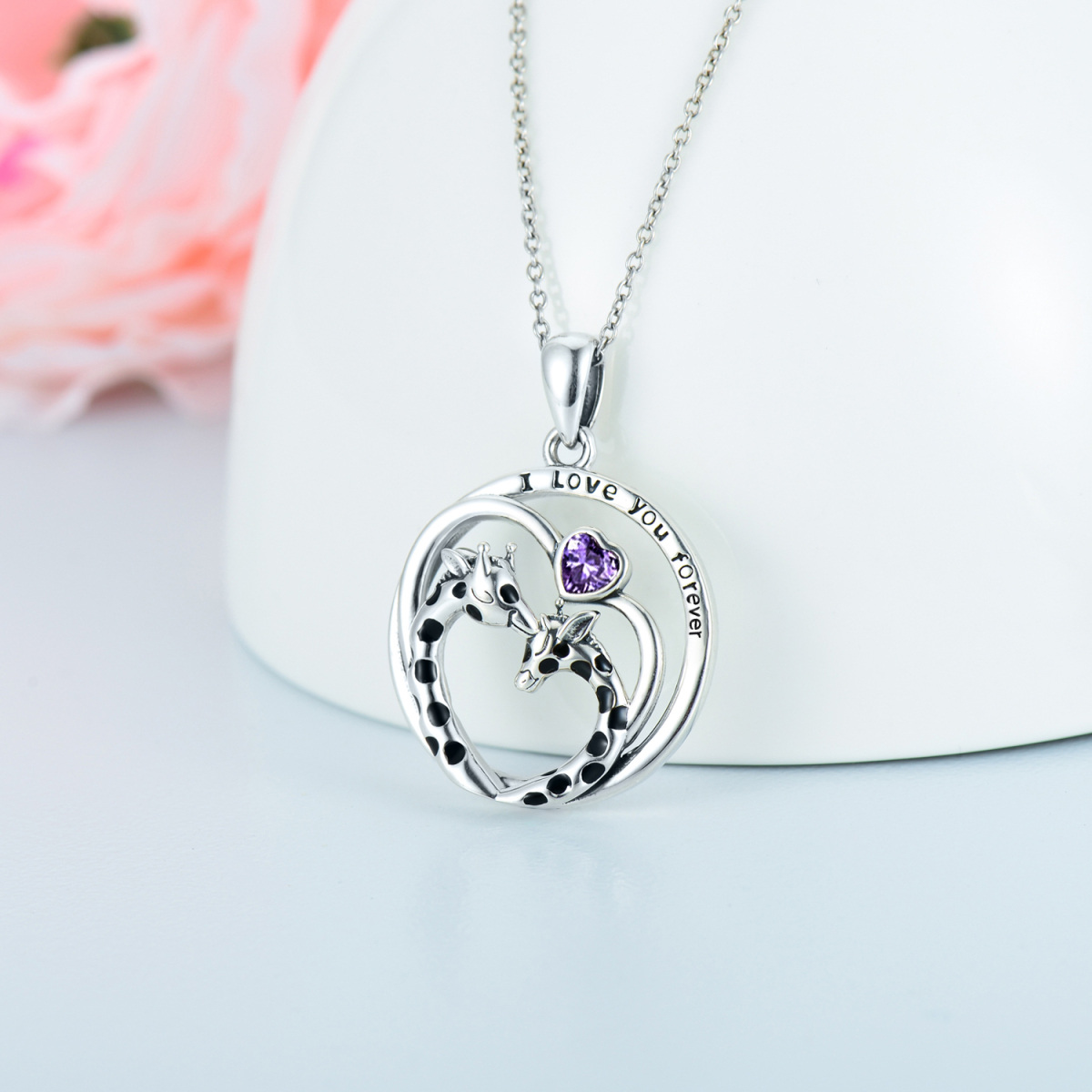 Collier pendentif girafe en argent sterling avec cœur et zircone cubique violette et mot gravé-3