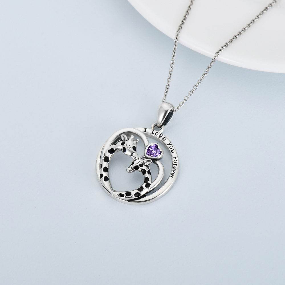 Sterling Silver Heart Purple Cubic Zirconia Giraffe Pendant Necklace with Engraved Word-4