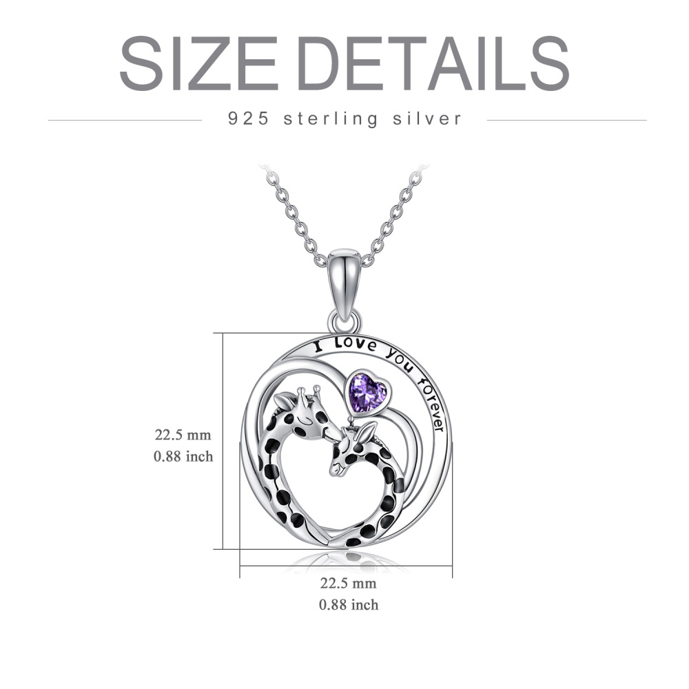 Sterling Silver Heart Purple Cubic Zirconia Giraffe Pendant Necklace with Engraved Word-5