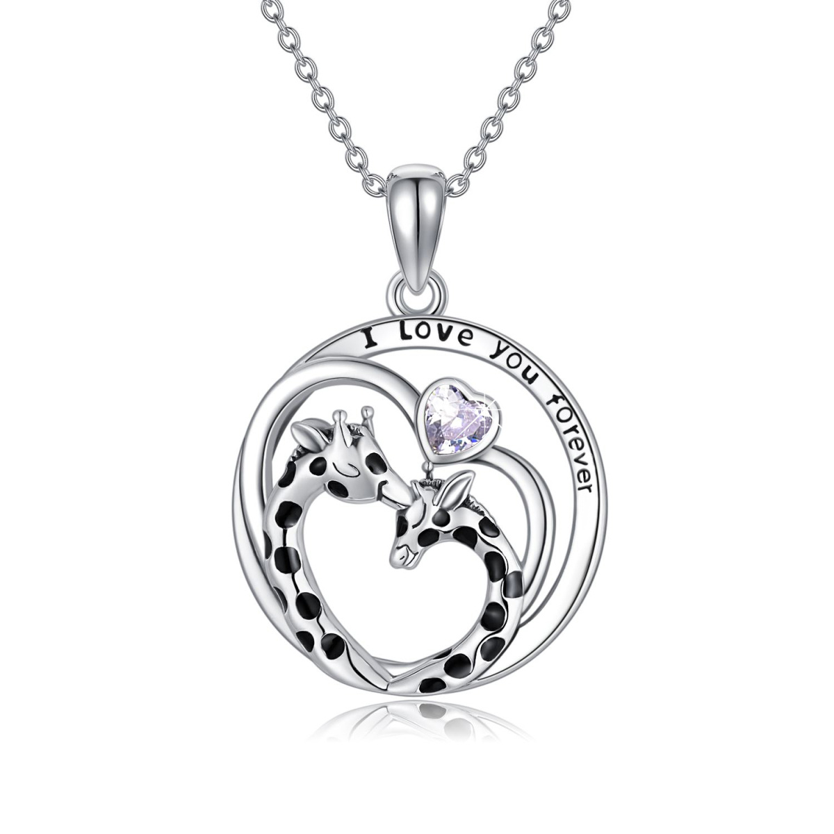 Sterling Silver Heart Clear Cubic Zirconia Giraffe Pendant Necklace with Engraved Word-1