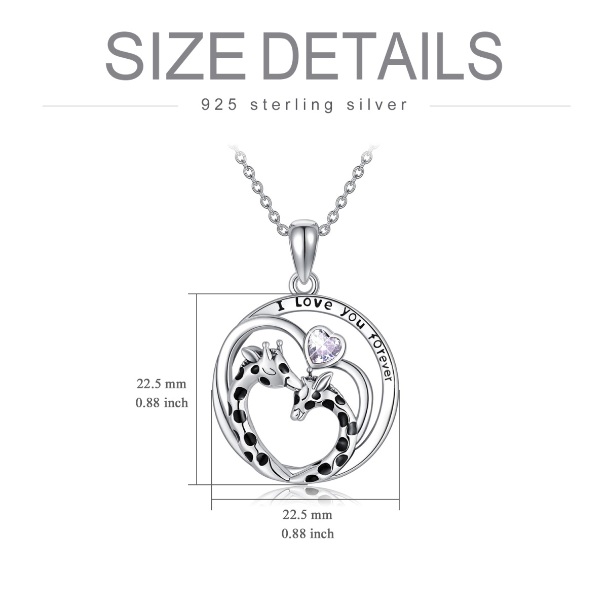 Sterling Silver Heart Clear Cubic Zirconia Giraffe Pendant Necklace with Engraved Word-5