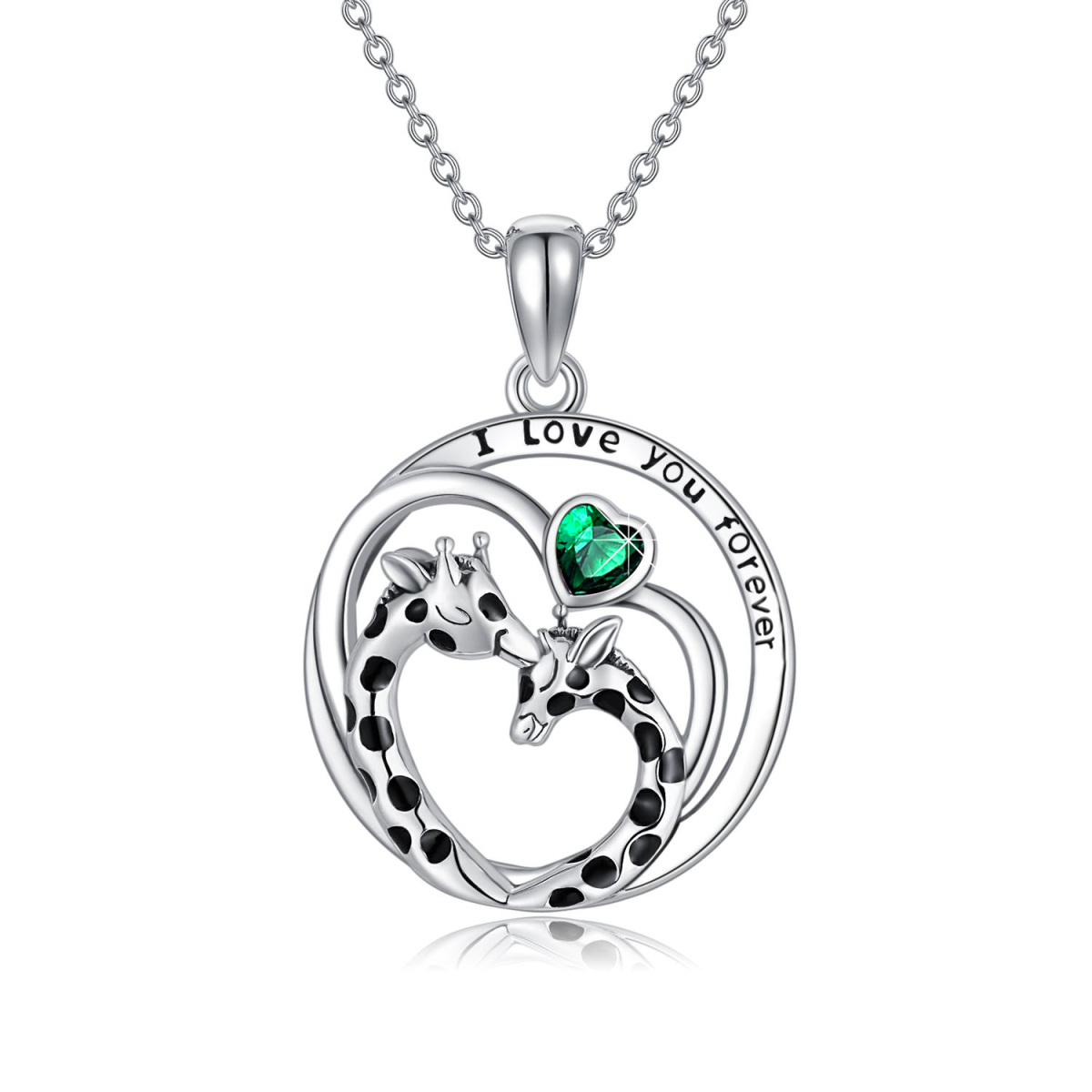 Collar con colgante de jirafa con circonita cúbica verde y corazón de plata de ley con palabra grabada-1