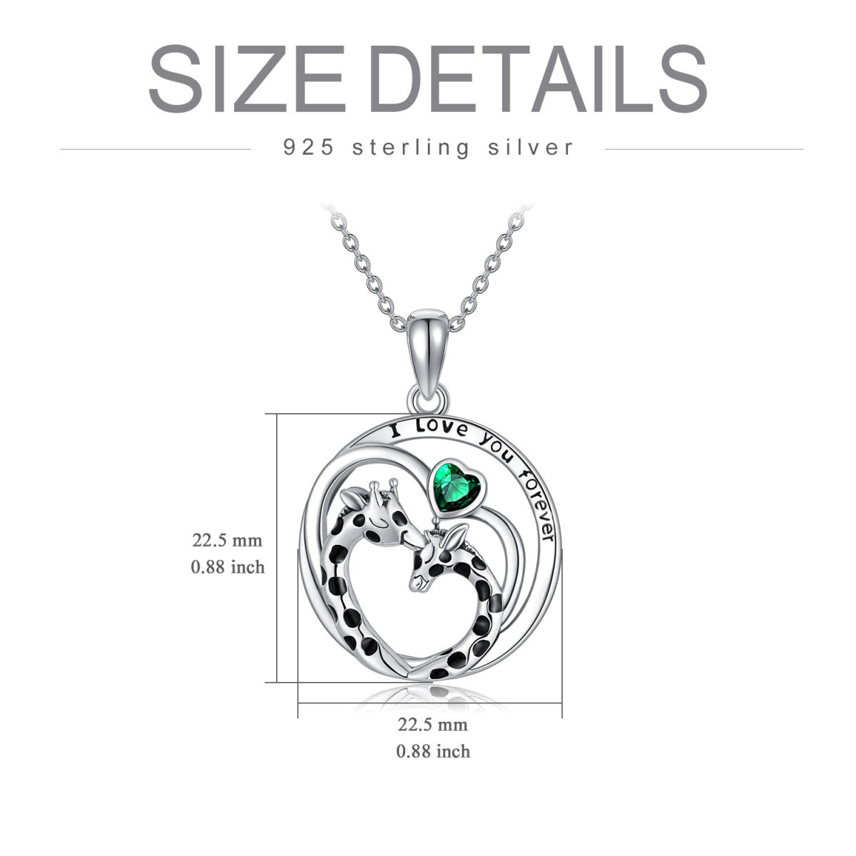 Sterling Silver Heart Green Cubic Zirconia Giraffe Pendant Necklace with Engraved Word-5