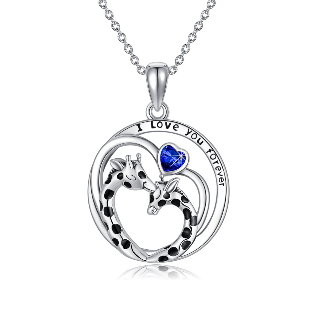 Sterling Silver Heart Blue Cubic Zirconia Giraffe Pendant Necklace with Engraved Word-1