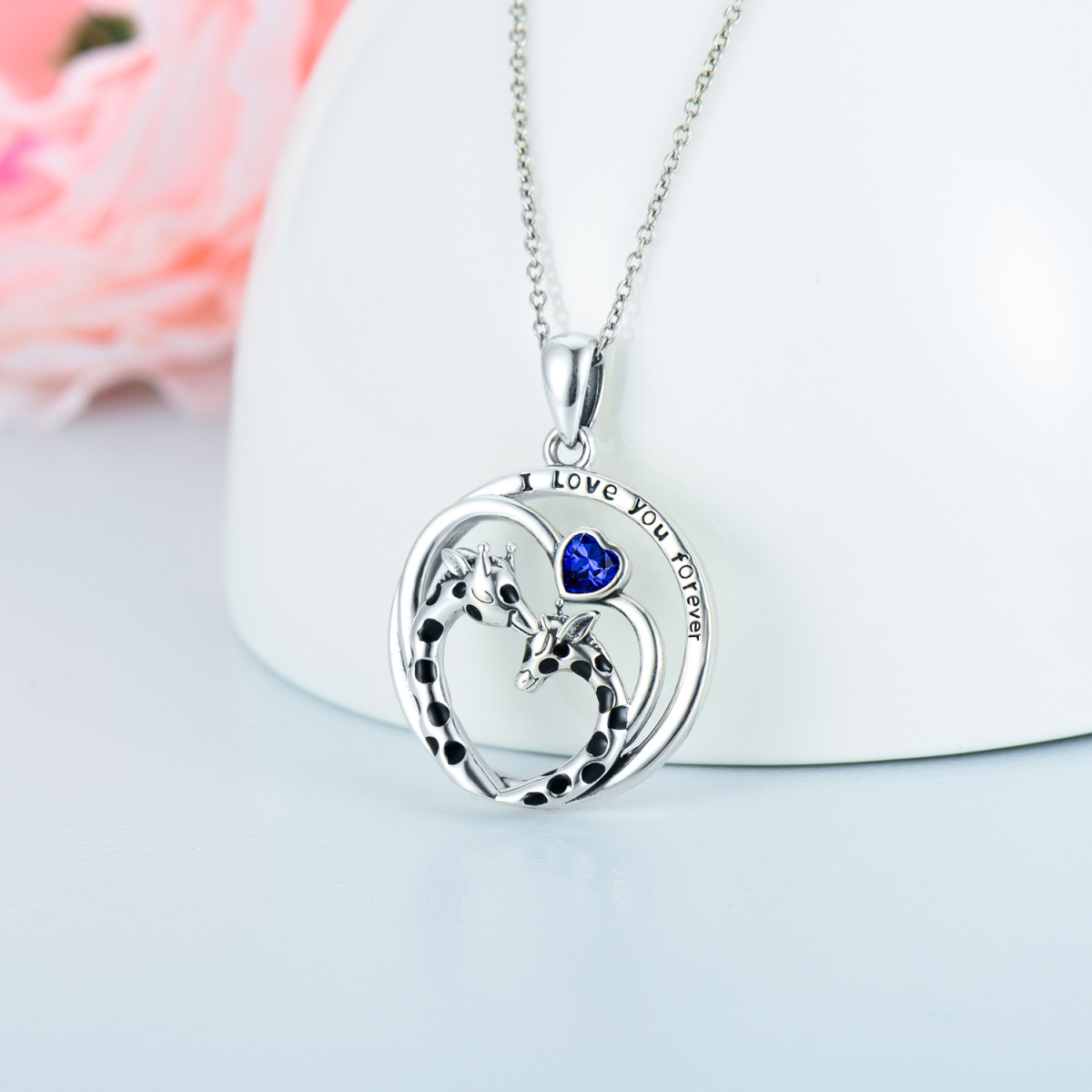 Sterling Silver Heart Blue Cubic Zirconia Giraffe Pendant Necklace with Engraved Word-3