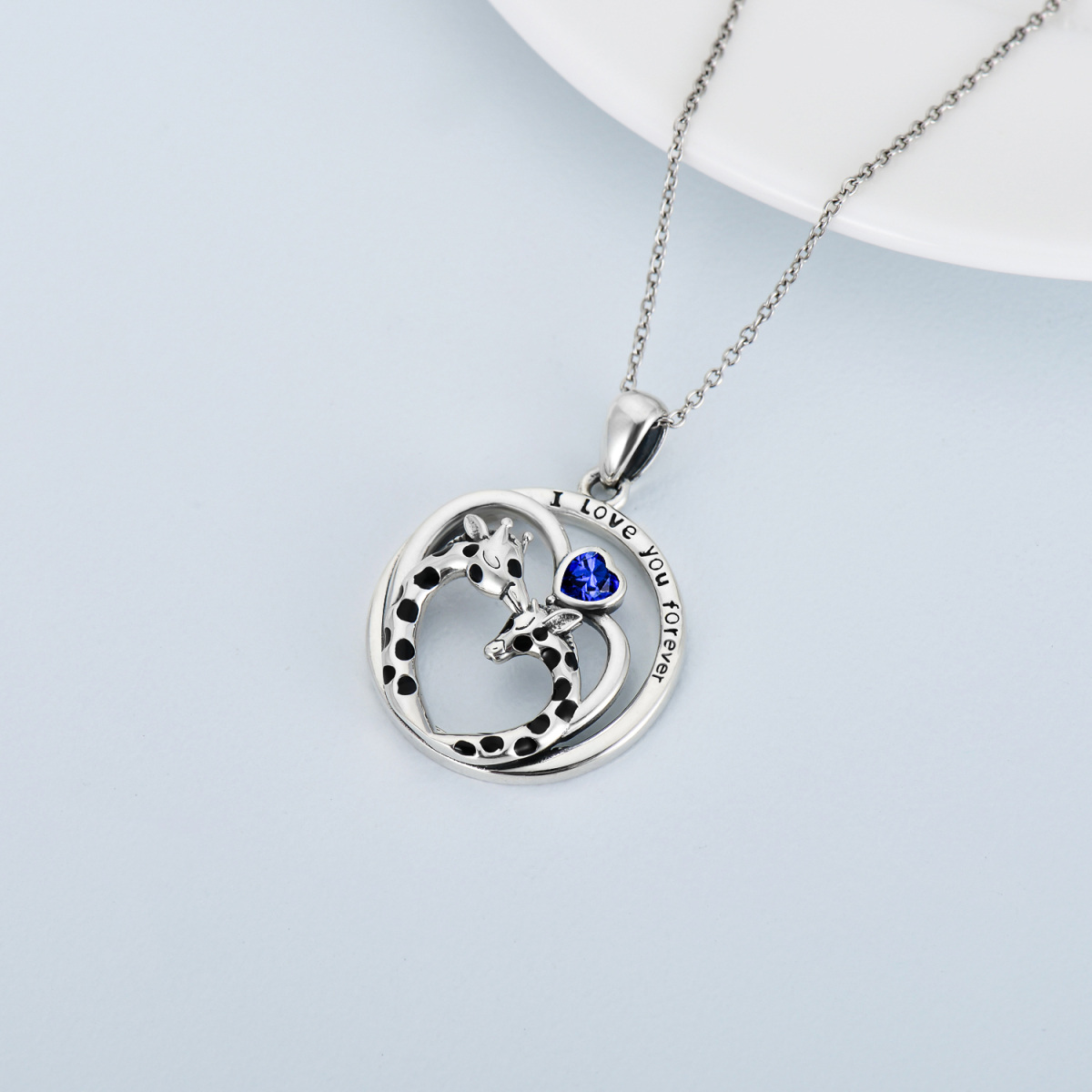 Collar con colgante de jirafa con circonita cúbica azul y corazón de plata de ley con palabra grabada-4