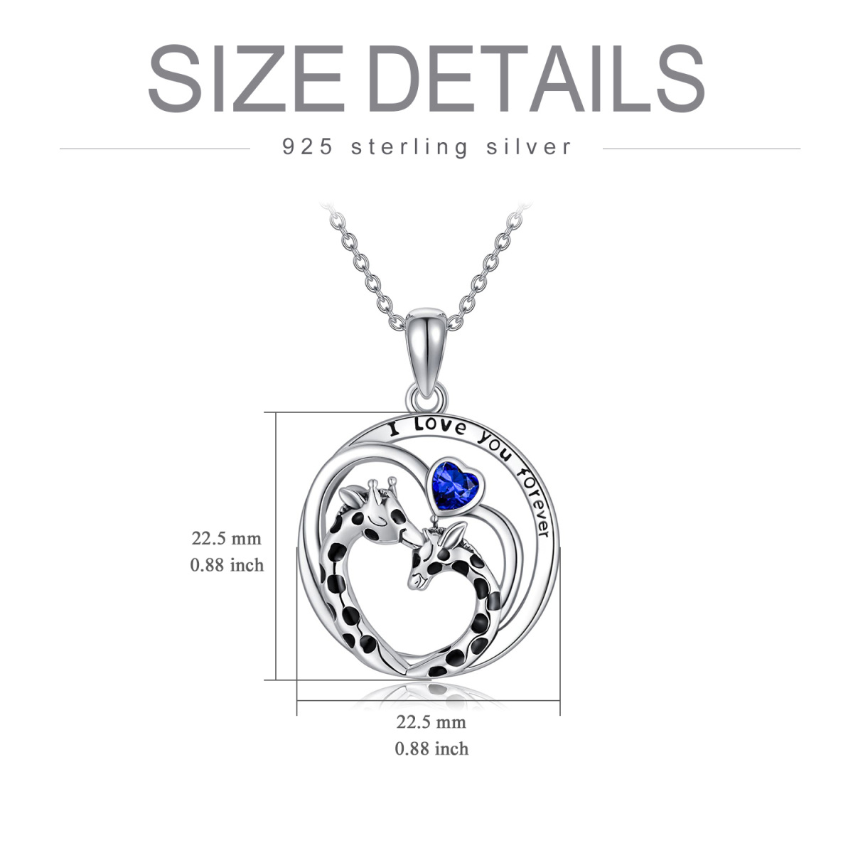 Sterling Silver Heart Blue Cubic Zirconia Giraffe Pendant Necklace with Engraved Word-5