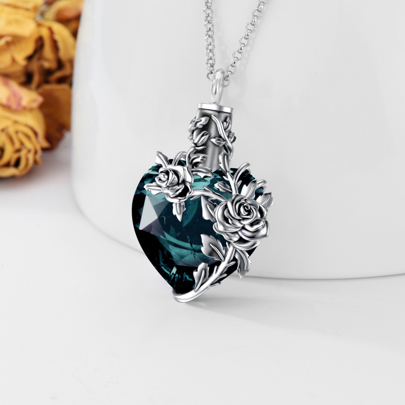 Collana con urna per ceneri con rosa e cristallo verde a cuore in argento sterling-3