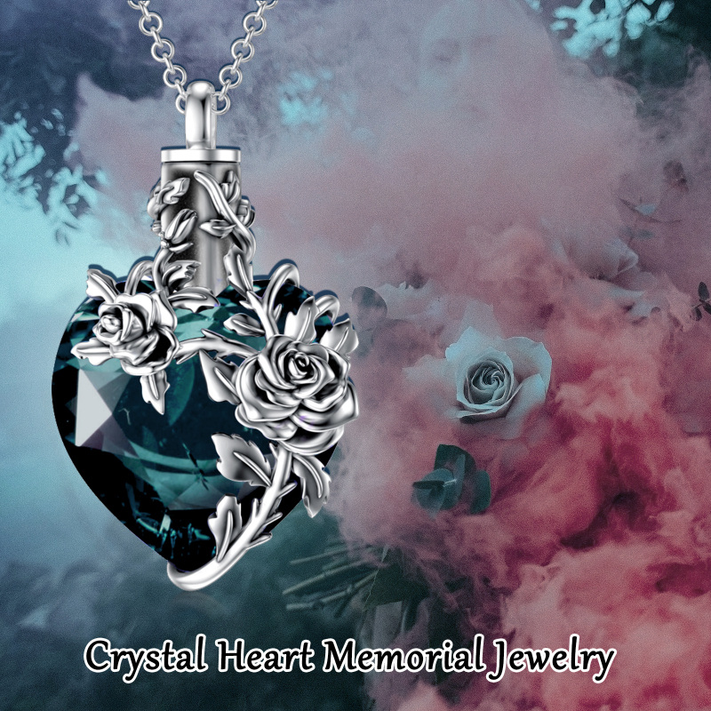 Collana con urna per ceneri con rosa e cristallo verde a cuore in argento sterling-6