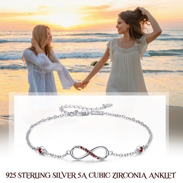 Sterling Silver Heart Shaped Cubic Zirconia Infinity Symbol Single Layer Anklet-3