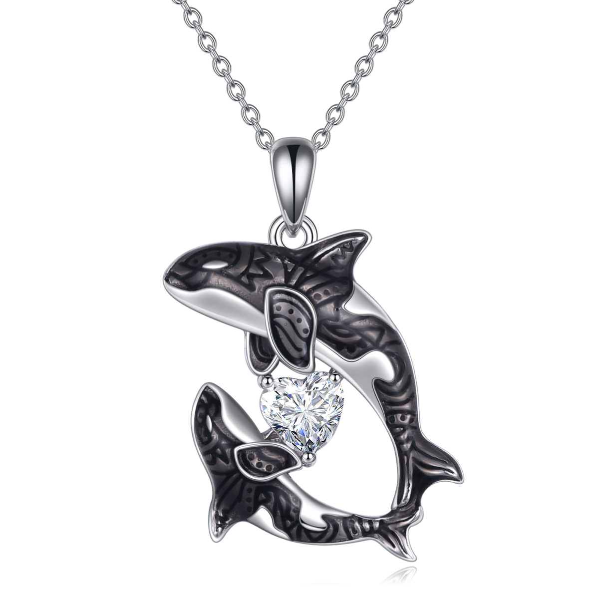 Sterling Silver Heart Shaped Cubic Zirconia Killer Whale Pendant Necklace-1