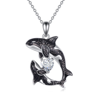 Sterling Silver Heart Shaped Cubic Zirconia Killer Whale Pendant Necklace-36