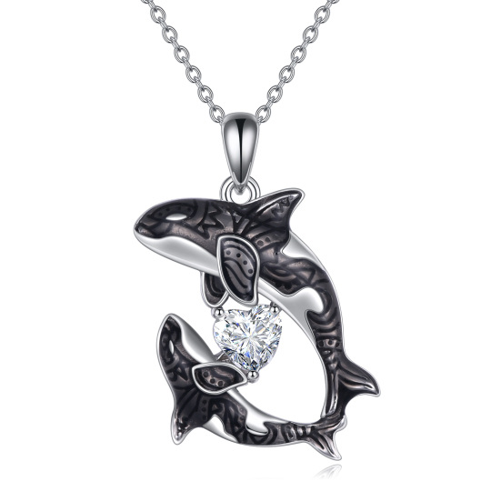 Sterling Silver Heart Shaped Cubic Zirconia Killer Whale Pendant Necklace