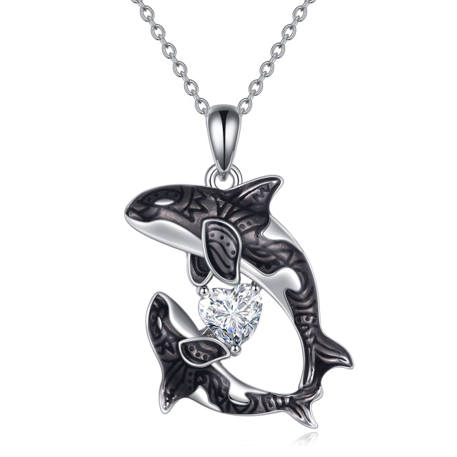 Sterling Silver Heart Shaped Cubic Zirconia Killer Whale Pendant Necklace-5