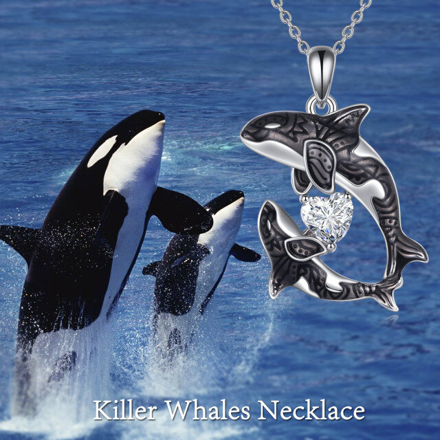 Sterling Silver Heart Shaped Cubic Zirconia Killer Whale Pendant Necklace-3