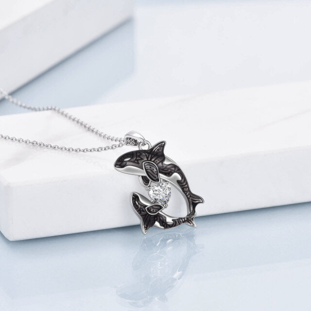 Sterling Silver Heart Shaped Cubic Zirconia Killer Whale Pendant Necklace-5