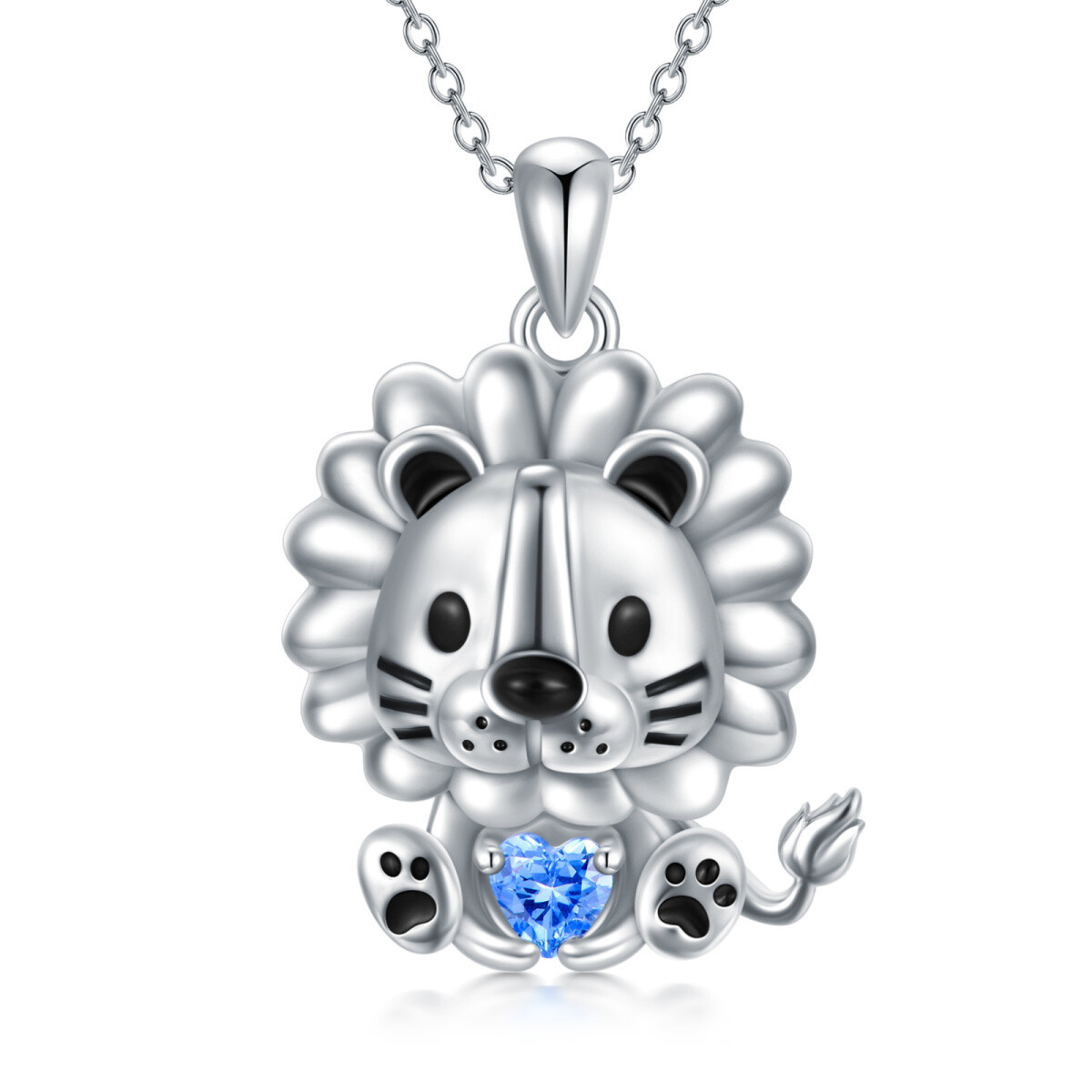 Sterling Silver Lion & Heart Pendant Necklace With Blue Crystal-1