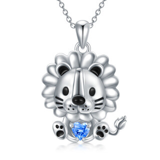 Sterling Silver Lion & Heart Pendant Necklace With Blue Crystal-4