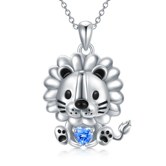 Sterling Silver Lion & Heart Pendant Necklace With Blue Crystal