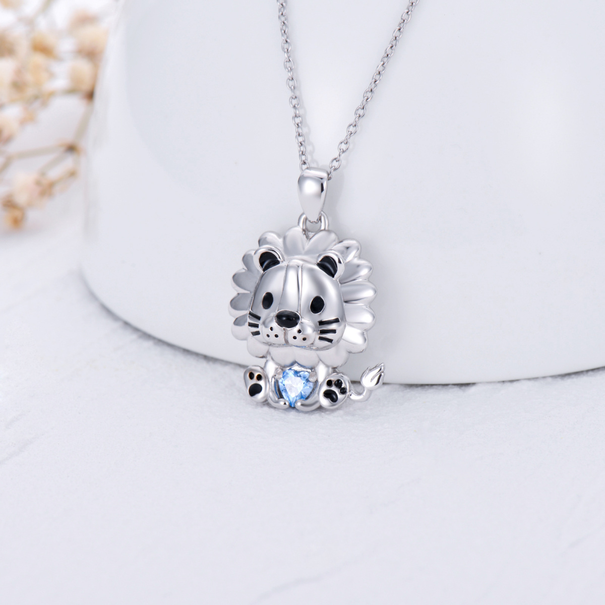 Sterling Silver Lion & Heart Pendant Necklace With Blue Crystal-3