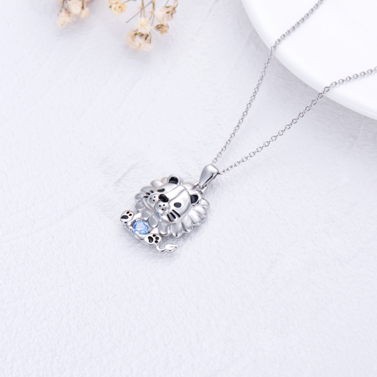 Sterling Silver Lion & Heart Pendant Necklace With Blue Crystal-4