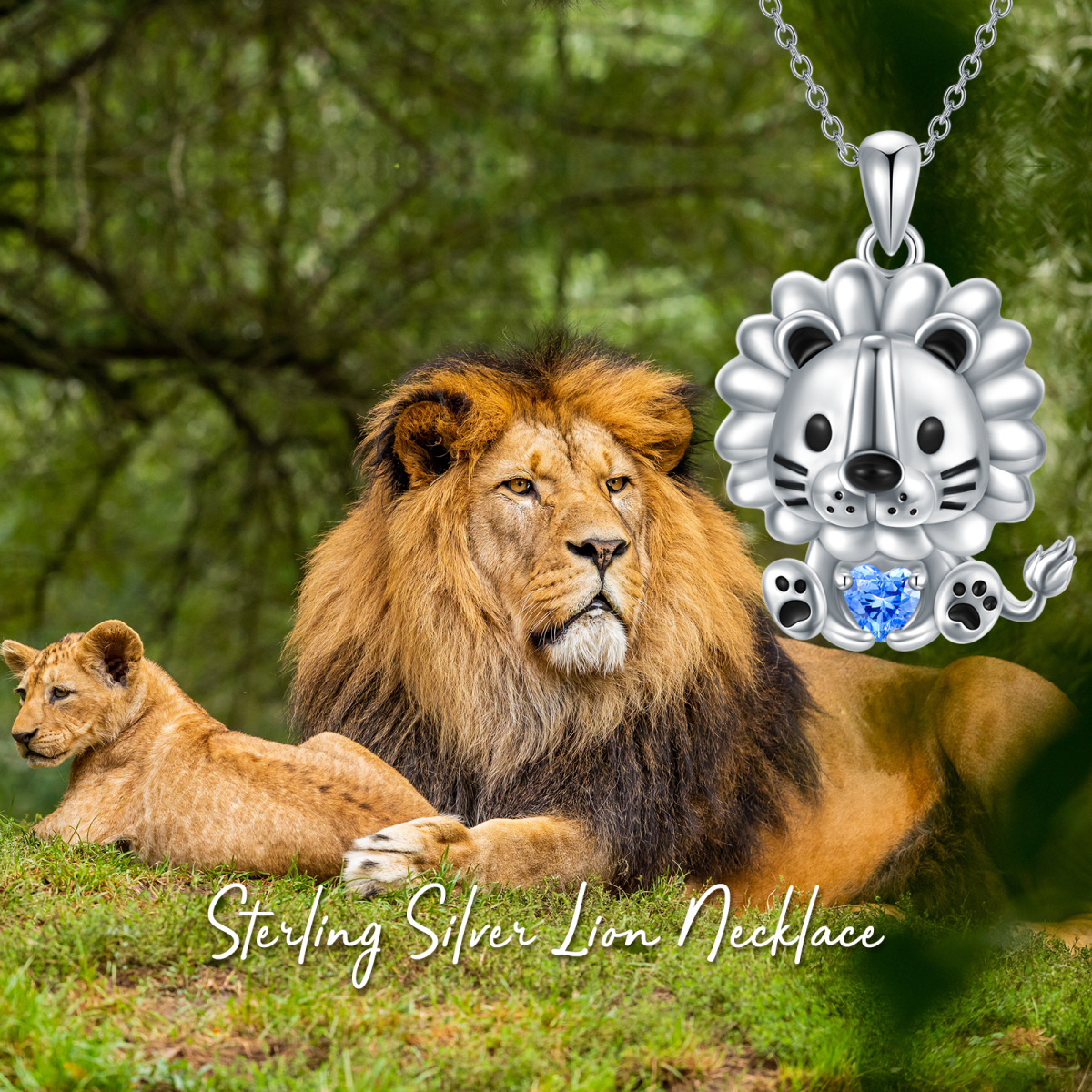 Sterling Silver Lion & Heart Pendant Necklace With Blue Crystal-5