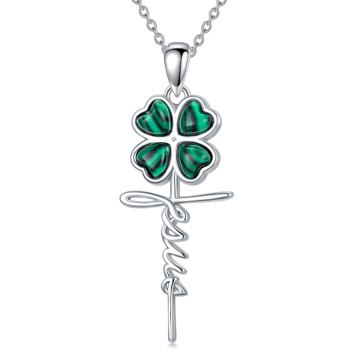 Sterling Silver Heart Shaped Malachite Four Leaf Clover & Cross Pendant Necklace-1