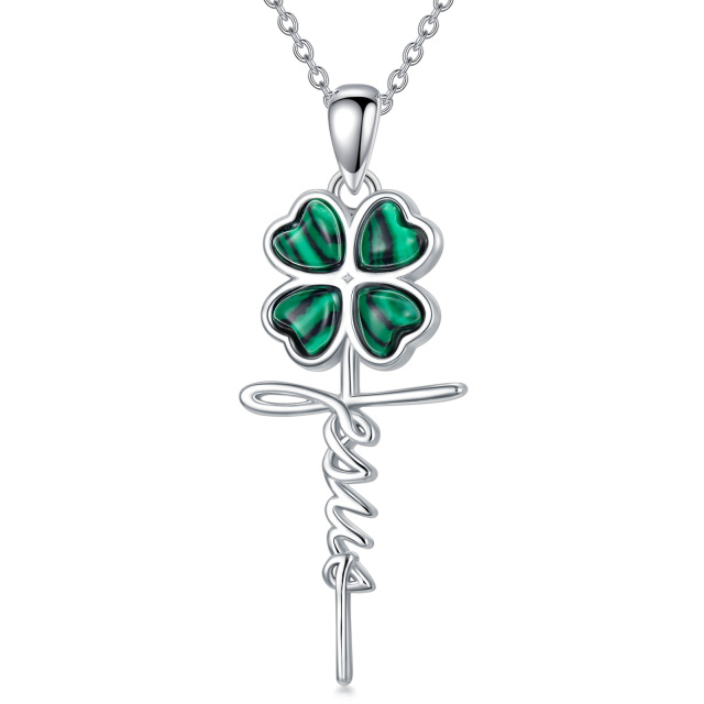 Sterling Silver Heart Shaped Malachite Four Leaf Clover & Cross Pendant Necklace-4