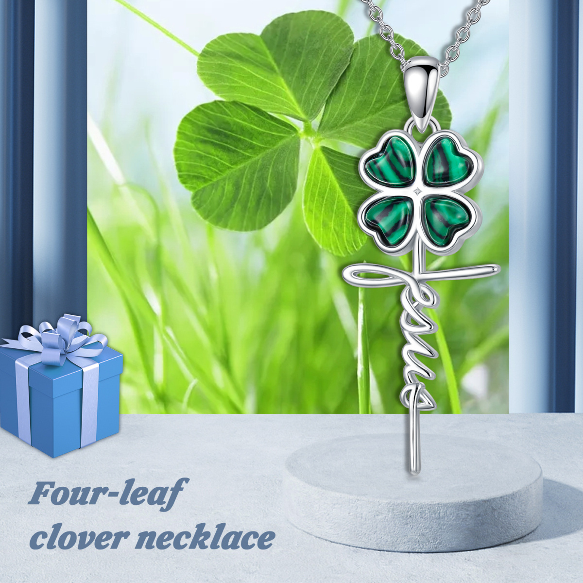 Sterling Silver Heart Shaped Malachite Four Leaf Clover & Cross Pendant Necklace-3