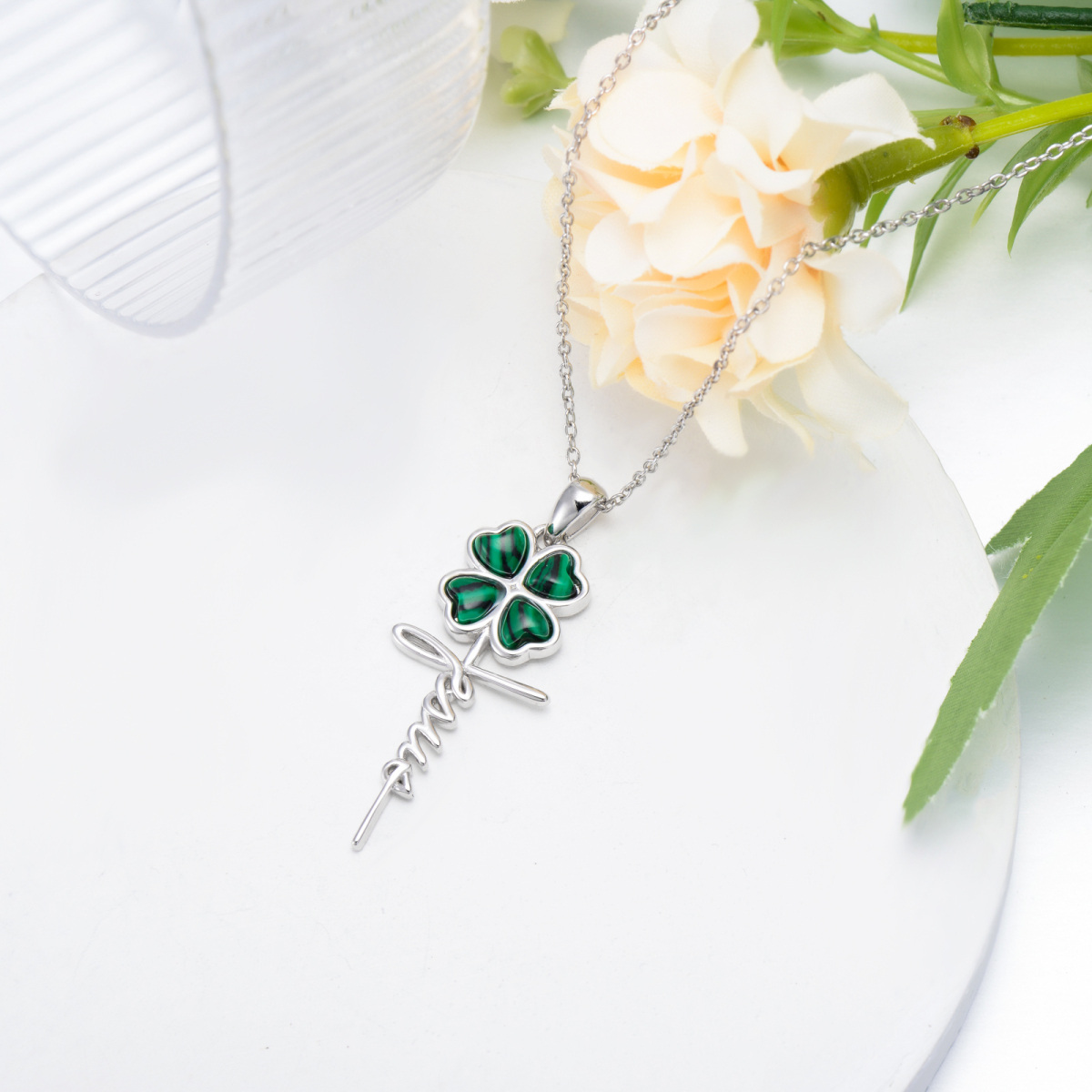 Collana con ciondolo a forma di cuore e croce in malachite d'argento a forma di cuore-4