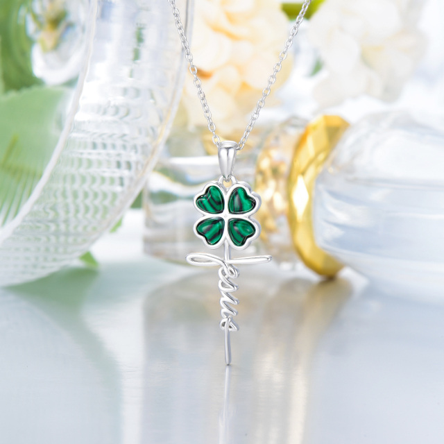 Sterling Silver Heart Shaped Malachite Four Leaf Clover & Cross Pendant Necklace-5