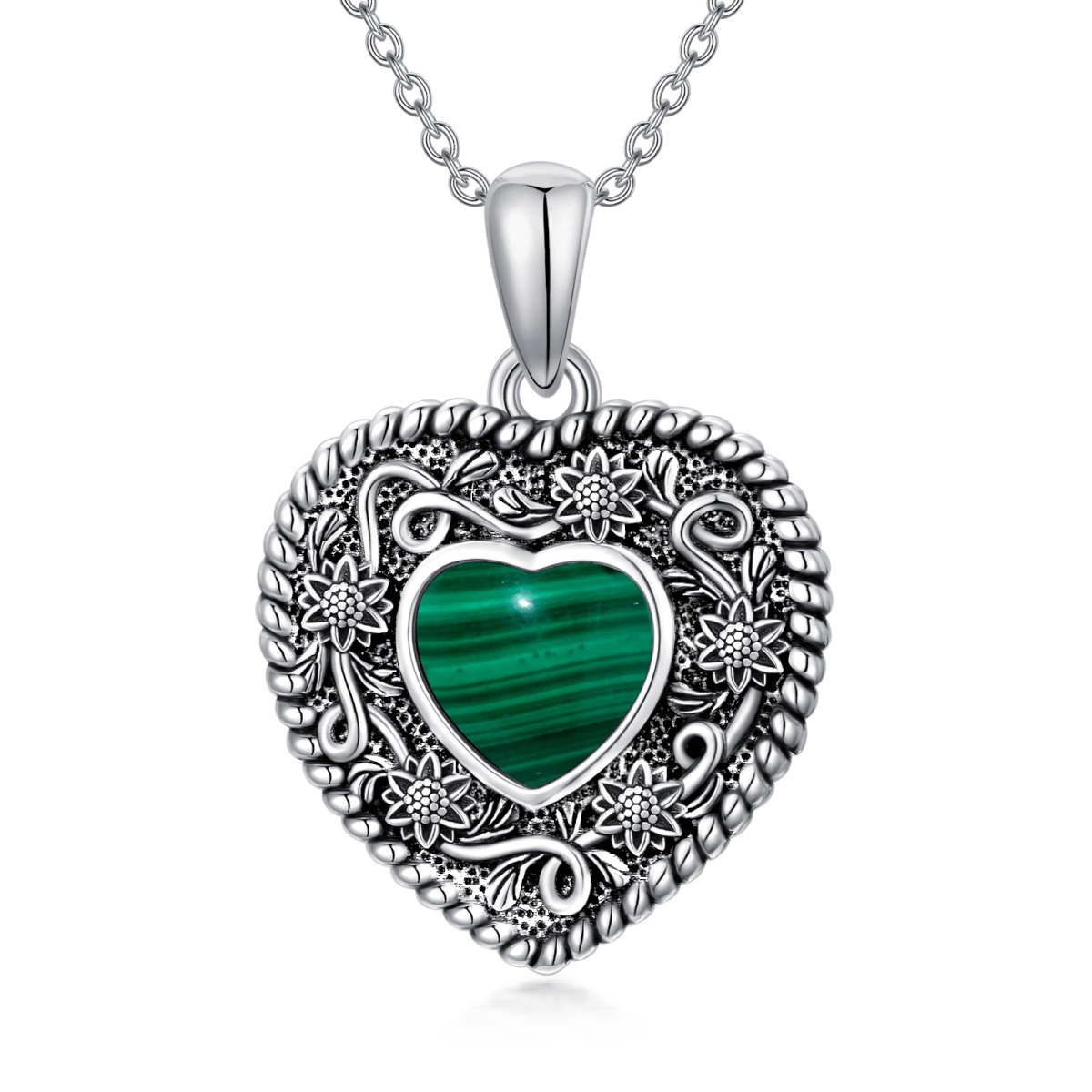 Sterling Silver Heart Shaped Malachite Sunflower & Heart Pendant Necklace-1