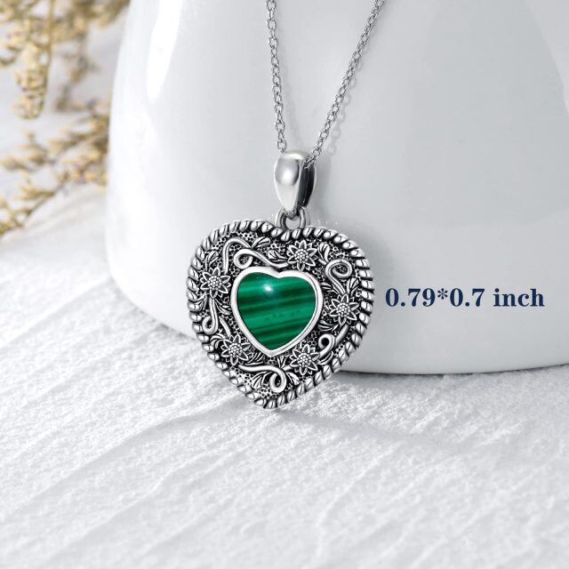 Sterling Silver Heart Shaped Malachite Sunflower & Heart Pendant Necklace-3