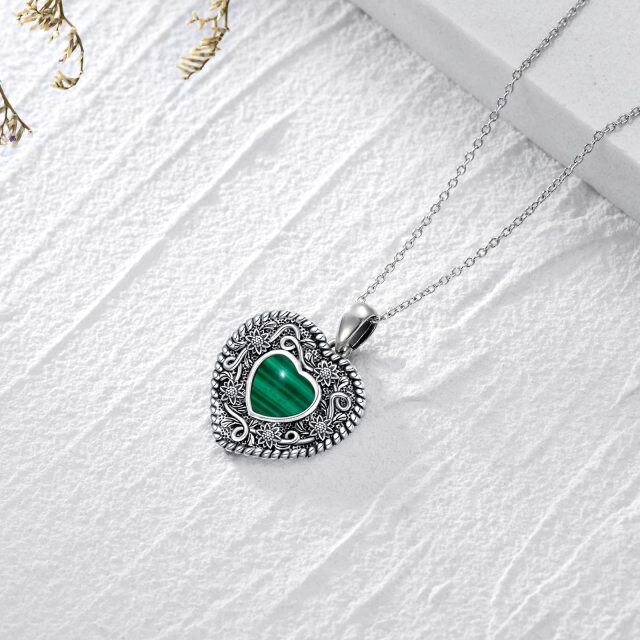 Sterling Silver Heart Shaped Malachite Sunflower & Heart Pendant Necklace-4