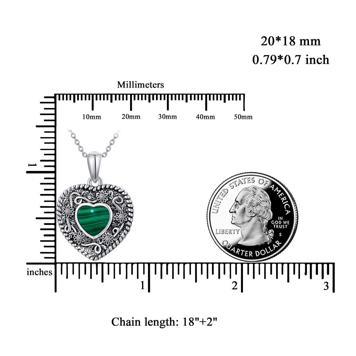 Sterling Silber Herzform Malachit Sonnenblume & Herz-Anhänger Halskette-5