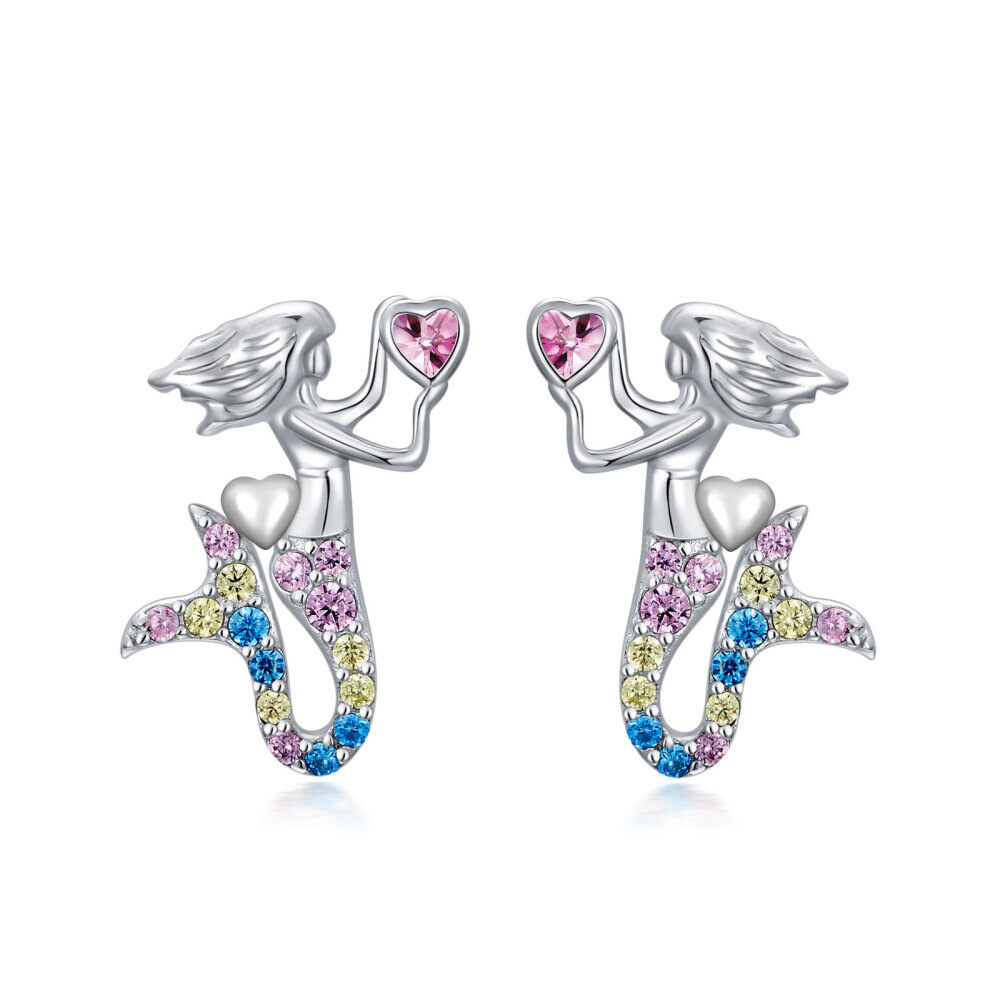 Sterling Silver Heart Shaped Cubic Zirconia Mermaid Stud Earrings-1