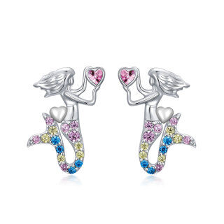 Sterling Silver Heart Shaped Cubic Zirconia Mermaid Stud Earrings-36