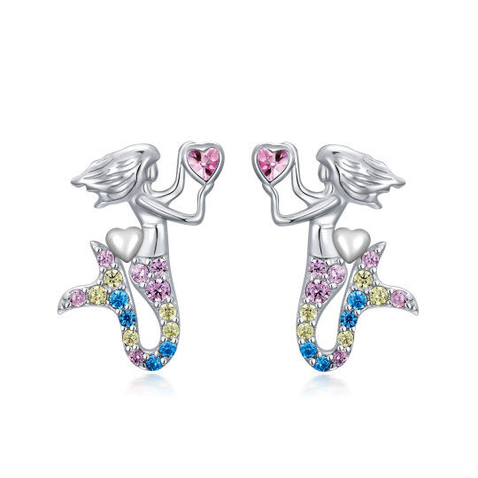 Boucles d'oreilles sirène en argent sterling avec zircon cubique en forme de coeur