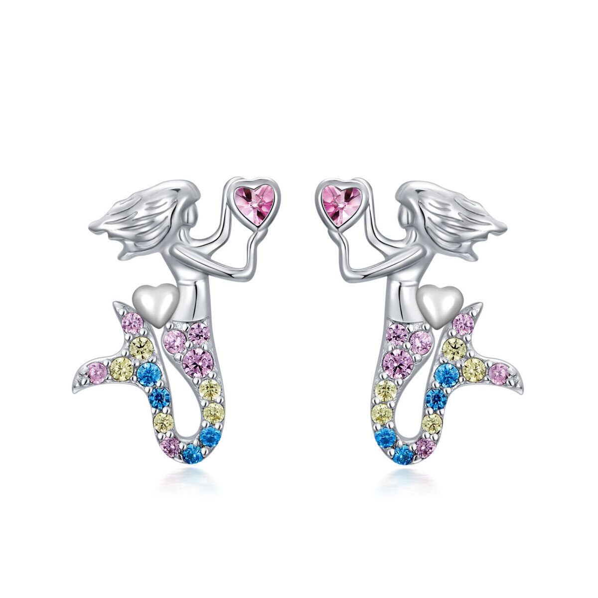 Sterling Silver Heart Shaped Cubic Zirconia Mermaid Stud Earrings