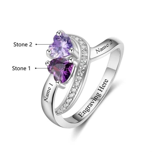 Sterling Silver Heart Shaped Moissanite Personalized Birthstone & Personalized Engraving Ring-2