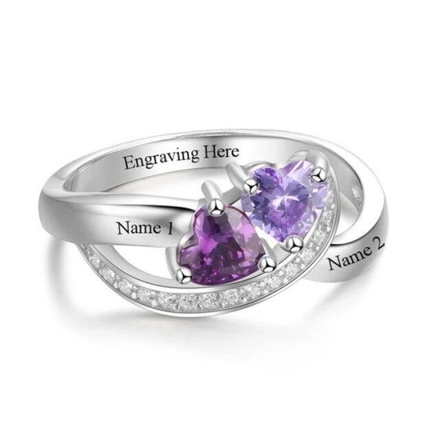 Sterling Silver Heart Shaped Moissanite Personalized Birthstone & Personalized Engraving Ring-3