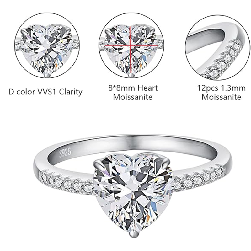 Bague Moissanite coeur en argent Sterling pour femmes, fiançailles de mariage-4