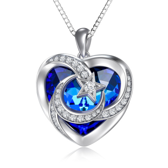 Collana da donna con ciondolo a forma di luna e cuori intrecciati in cristallo a forma di cuore in argento sterling