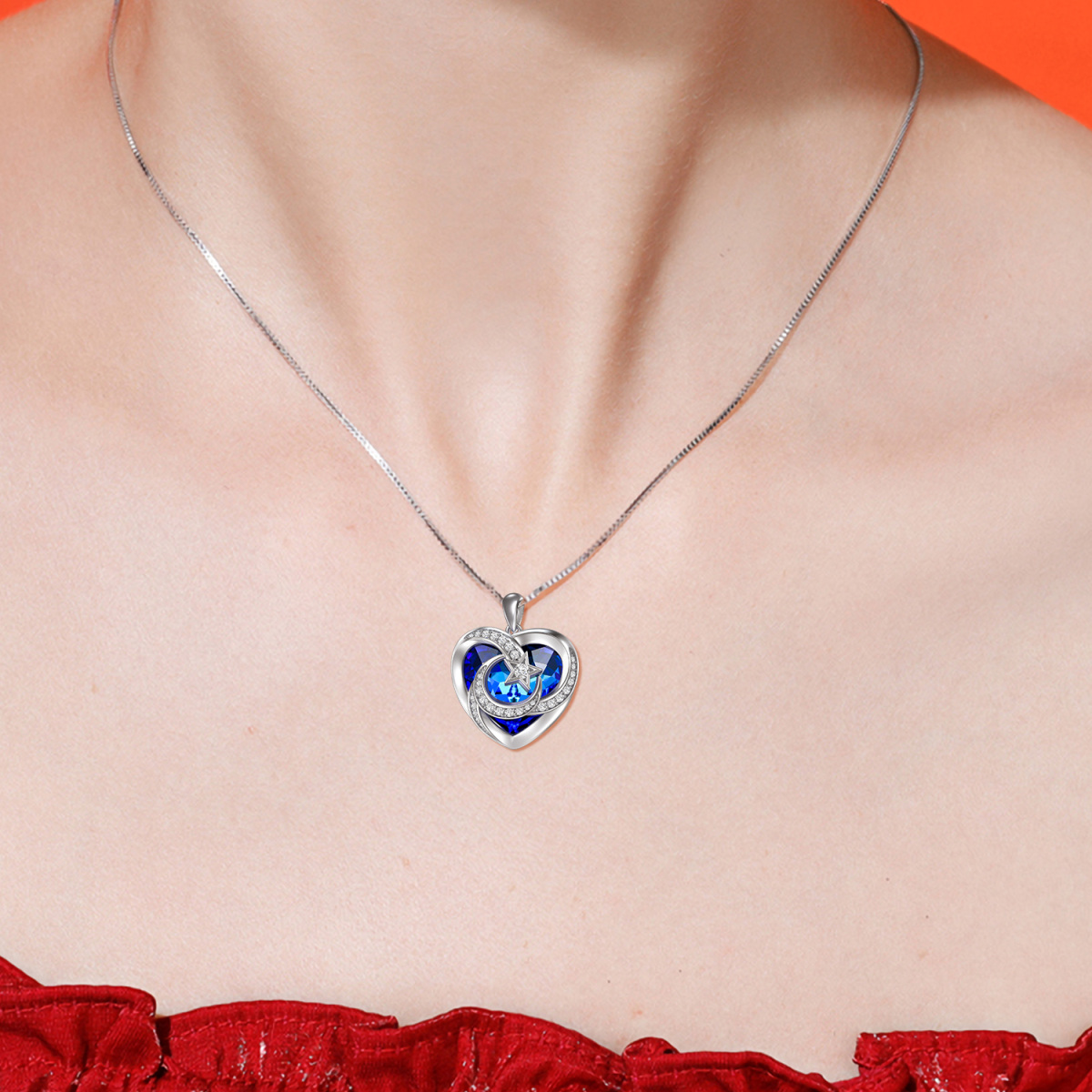 Collar con colgante de luna y corazones entrelazados de cristal de corazón de plata de ley para mujer-2