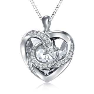 Sterling Silver Heart Crystal Interlocking Hearts & Moon Pendant Necklace For Women-7