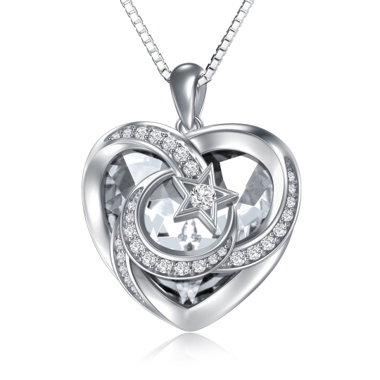 Sterling Silver Heart Crystal Interlocking Hearts & Moon Pendant Necklace For Women