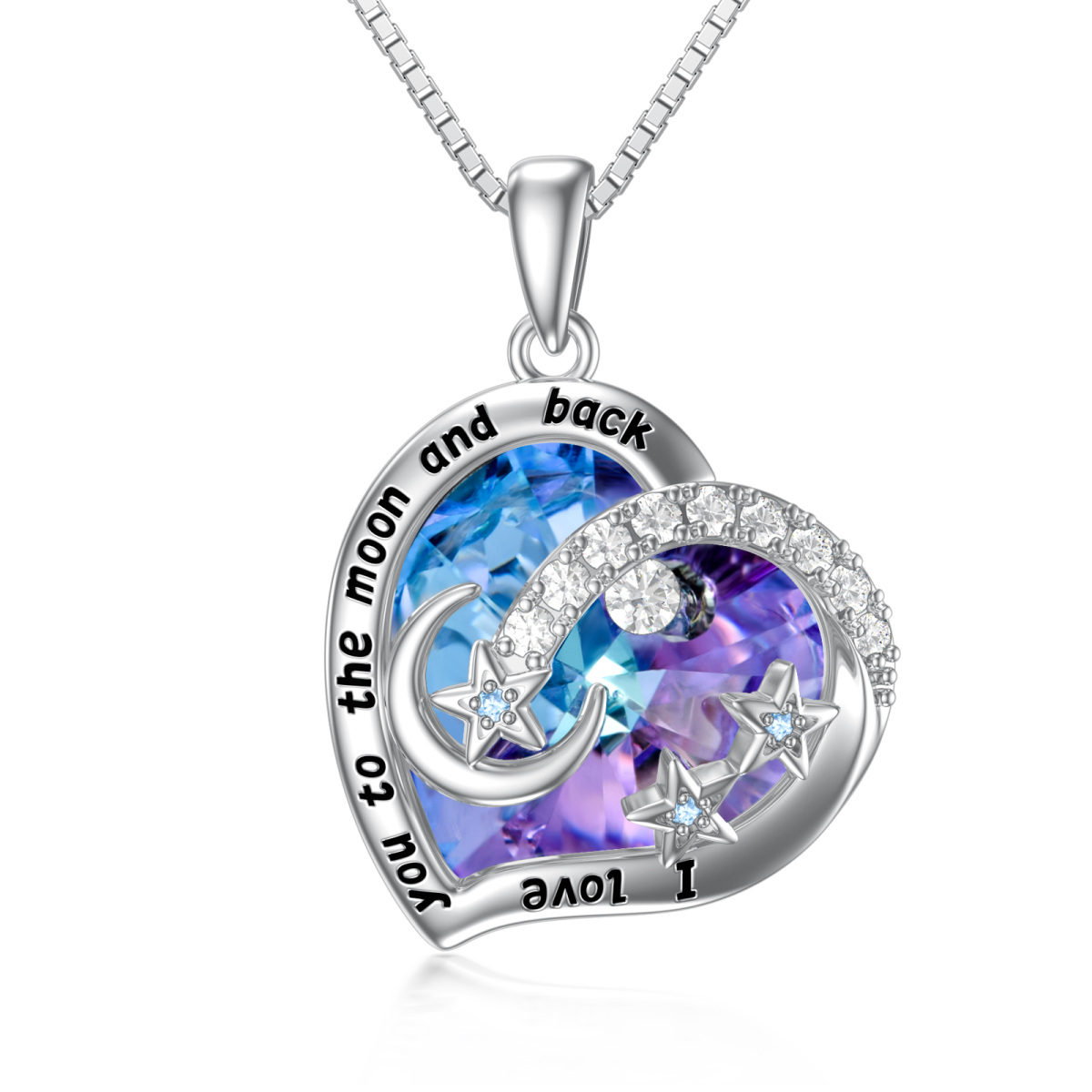 Sterling Silver Heart Crystal With Zircon Moon & Star Pendant Necklace For Women-1