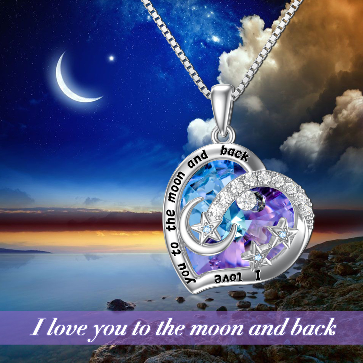 Sterling Silver Heart Crystal With Zircon Moon & Star Pendant Necklace For Women-5