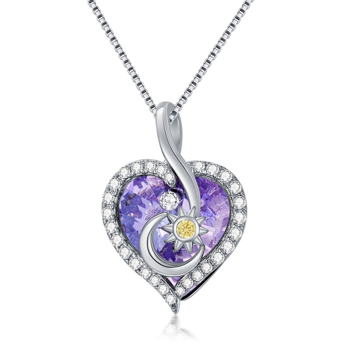 Sterling Silver Heart Crystal With Zircon Moon & Sun Pendant Necklace For Women-1